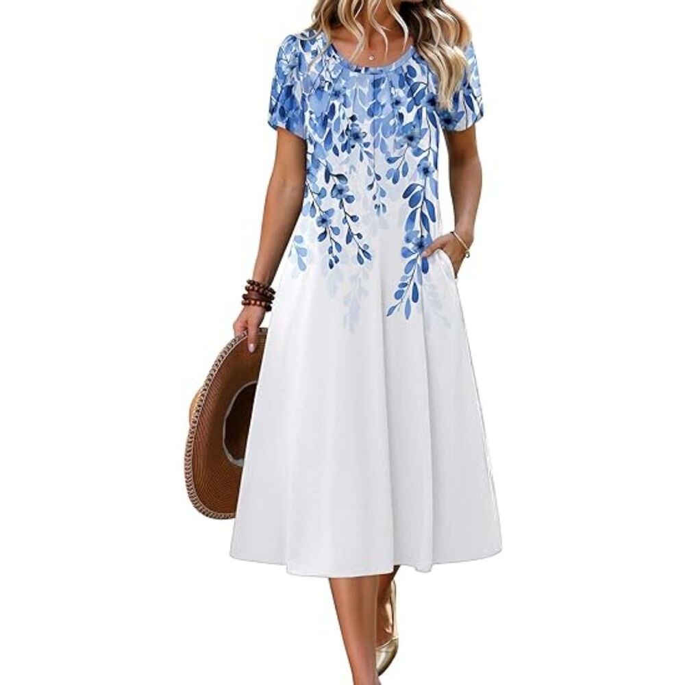 Women Blue White Floral Blend Crew Neck A Line Short Sleeve Midi Dress